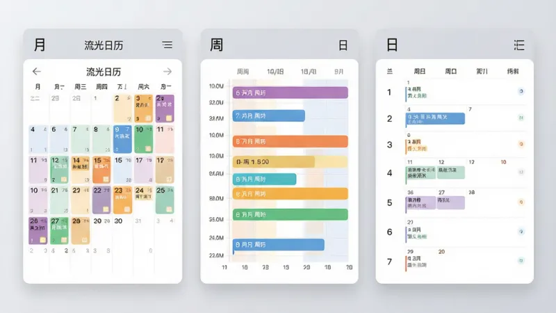 画面主体为三块并排的日历界面卡片，布局采用横向三等分排列，排版上从左到右依次展示月视图网格、周视图条状时间轴、日视图列表，风格为现代扁平化设计，细节包括每块卡片顶部标注“月”“周”“日”字样、卡片内用不同颜色小方块表示日程事件、背景为浅灰渐变，画质清晰干净，无多余元素，画面中可出现文字“流光日历”