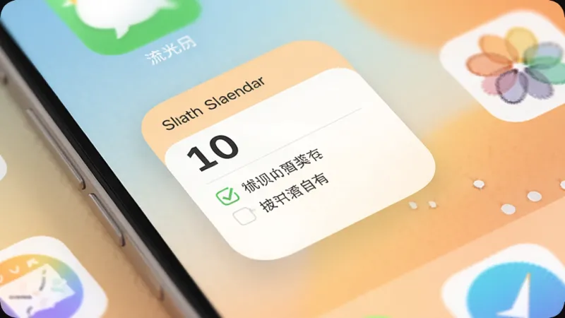 主体为手机桌面场景，布局采用俯视微倾斜视角，排版上桌面中央放置一个方形日历小组件，组件内显示日期数字与两条待办文字，风格为温馨生活化插画风，细节包括桌面壁纸为柔和渐变色、组件圆角边框、旁边散落几个应用图标、整体光线明亮，画质高清干净，无杂乱元素，画面中可出现文字“流光日历”