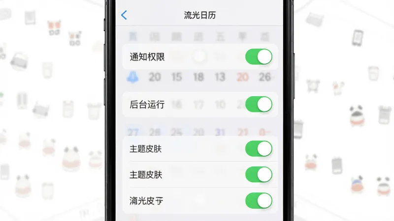 主体为一部手机屏幕显示日历应用设置界面，布局采用竖屏居中展示，排版上设置项以列表形式排列，风格为简洁工具类UI风格，细节包括“通知权限”“后台运行”“主题皮肤”等条目、开关按钮为绿色高亮、背景为纯白，画质清晰干净，无多余装饰，画面中可出现文字“流光日历”