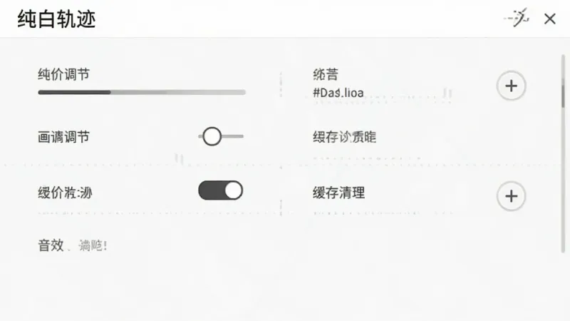 纯白轨迹游戏设置界面截图，画面展示画质调节、音效开关、缓存清理等选项，界面为浅色极简风格，带有“纯白轨迹”标题栏，布局清晰，画质干净