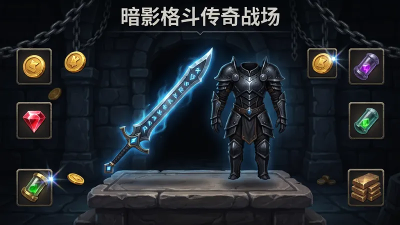 暗影格斗传奇战场装备界面概念图，画面中央展示一把发光的长刀与一套黑色铠甲悬浮在石台上，四周环绕着金币、宝石与强化材料图标，背景为深色地牢墙壁与铁链装饰，画面顶部书写“暗影格斗传奇战场”字样，风格为游戏UI展示图，细节包括武器上的符文刻痕、宝石折射光、材料堆叠质感，画质高清，画面干净，无多余元素