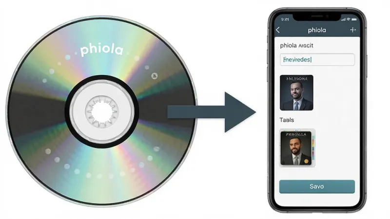 一张表现phiola音频抓轨与标签管理功能的场景图，主体为一张CD光盘和手机屏幕上的音乐标签编辑界面，布局为左右分栏构图，左侧CD光盘带有抓取箭头指向右侧手机，风格为写实与扁平结合的产品展示风，细节包含光盘反光纹理、标签输入框、封面缩略图、保存按钮，画质清晰，画面干净，无多余元素