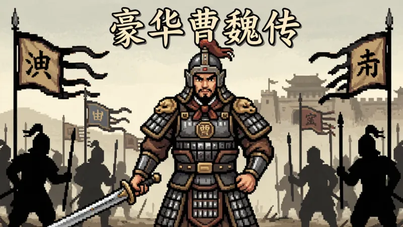 主体为一位身穿曹魏铠甲手持长剑的将领站在战场中央，布局采用中心对称构图，排版以人物为视觉焦点四周环绕战旗与士兵剪影，风格为复古国风像素与手绘结合，细节包括铠甲纹路、战旗飘动、远处城池轮廓，画质清晰干净无多余元素，画面中打文字“豪华曹魏传”
