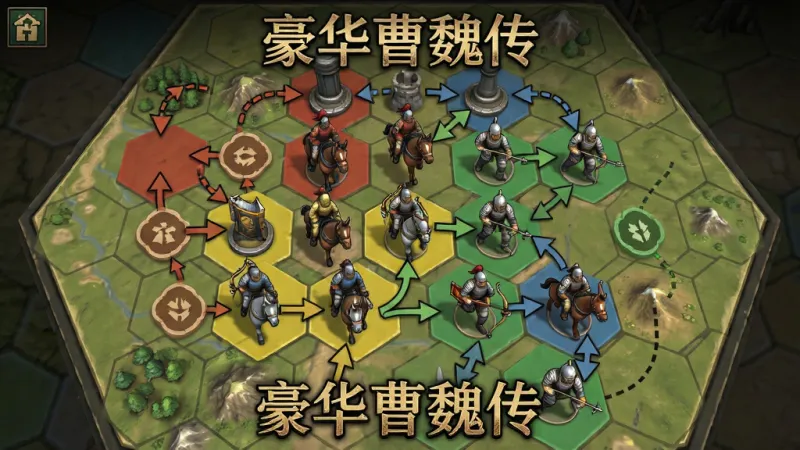 主体为六边形战棋棋盘地图上排列着骑兵弓兵步兵棋子，布局为俯视视角棋盘占据画面大部分，排版将不同兵种用颜色区分并标注克制箭头，风格为策略游戏界面风格，细节包括地形格、兵种图标、行动路线虚线，画质清晰干净无多余元素，画面中打文字“豪华曹魏传”