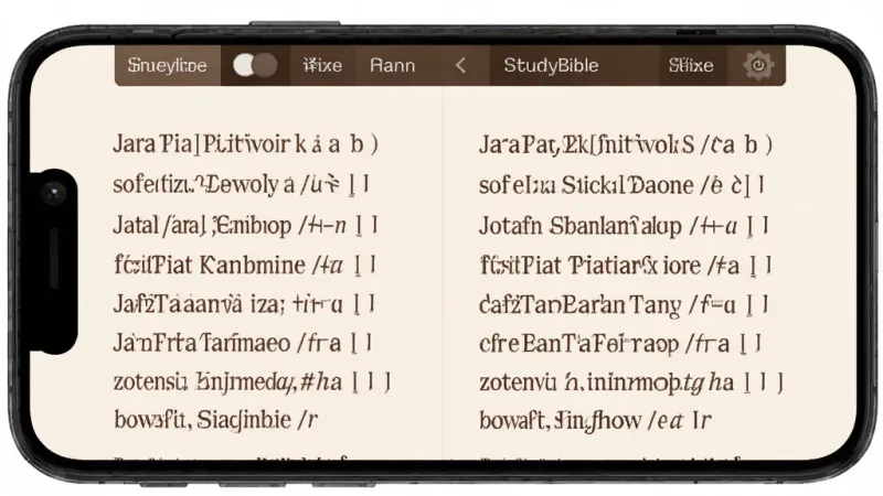 StudyBible 安卓版多版本经文对照阅读界面，手机竖屏展示两栏经文并列排版，米白色背景，深棕色文字，顶部有译本切换标签，界面干净简洁，写实风格，高清画质，无多余装饰元素