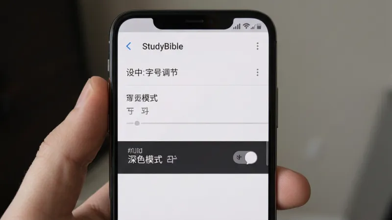 StudyBible 安卓版 设置界面展示字号调节与深色模式开关，手机竖屏，浅色背景，选项列表清晰，界面简洁，写实风格，高清画质，干净无多余元素